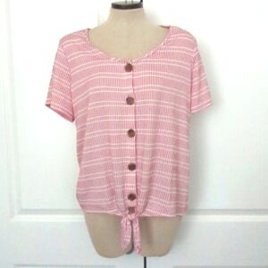 Notations Woman size 1X white, pink textured s/s v neck top with tie bot…